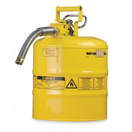 Justrite Type II Safety Can, 2 Gal Capacity, For Use With Diesel, Galvanized Steel, Yellow, Includes Hose 7220220