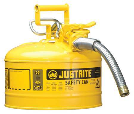Justrite Type II Safety Can, 2.5 Gal Capacity, For Use With Diesel, Galvanized Steel, Yellow, Includes Hose 7225230
