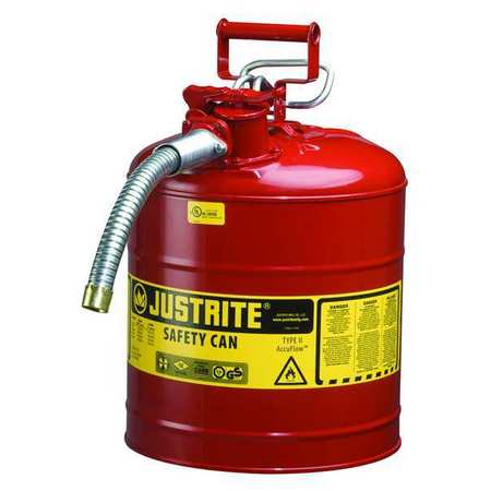 Justrite Type II Safety Can, 5 Gal Capacity, Galvanized Steel, For Flammables, Red, Includes Hose 7250130