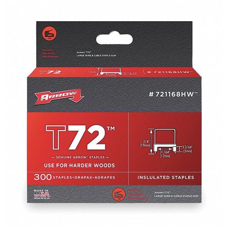 Arrow Fastener Insulated Cable Staples, T72, 0.026 x 0.074 in ga, 13/64 in Leg L, Steel, 300 PK 721168HW