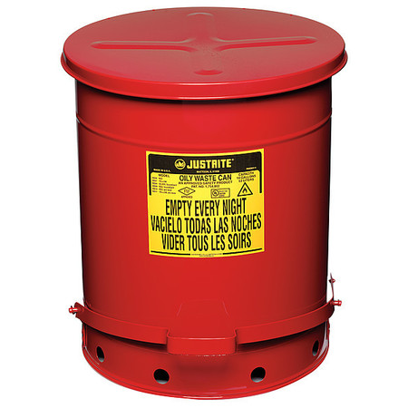 Justrite Oily Waste Can, 14 Gal., Steel, Red 09508