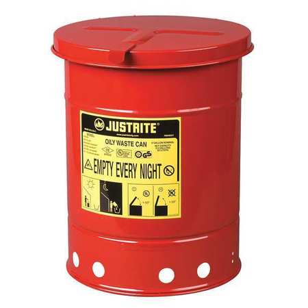 JUSTRITE Oily Waste Can, 6 Gal., Steel, Red 09110