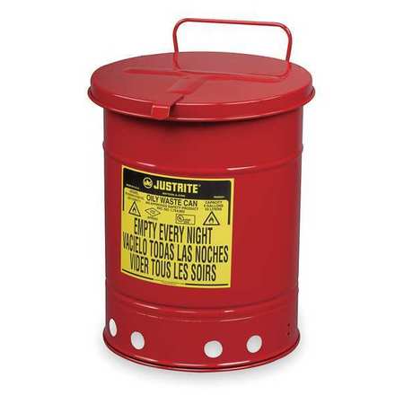 Justrite Oily Waste Can, 10 Gal., Steel, Red 09310