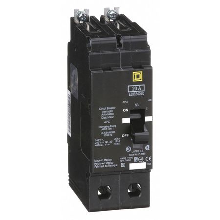 SQUARE D Miniature Circuit Breaker, EDB Series 20A, 2 Pole, 277/480V AC EDB24020