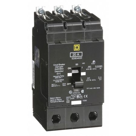 Square D Miniature Circuit Breaker, EDB Series 20A, 3 Pole, 277/480V AC EDB34020
