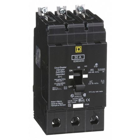 SQUARE D Miniature Circuit Breaker, EDB Series 30A, 3 Pole, 277/480V AC EDB34030
