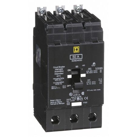SQUARE D Miniature Circuit Breaker, EDB Series 50A, 3 Pole, 277/480V AC EDB34050