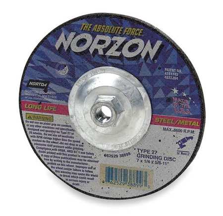 NORTON ABRASIVES Depressed Center Wheels, Type 27, 7 in Dia, 0.125 in Thick, 5/8"-11 Arbor Hole Size, Ceramic 66252938855