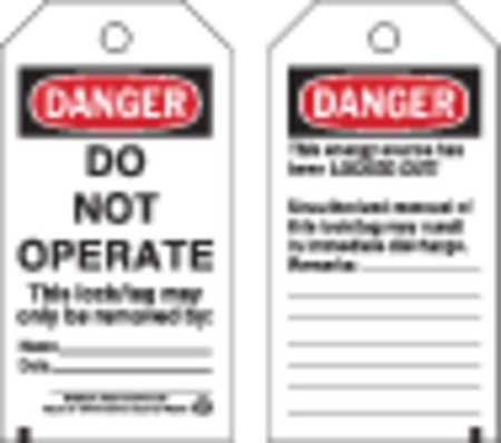 BRADY Danger Tag, Danger - Do Not Operate, Polyester, Write-On Surface, 5 1/2 in High, 3 in Wide, 25 Pack 66050