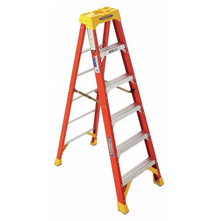 Werner Fiberglass Stepladder, 6 ft Ladder Ht, 5 Steps, 300 lb, 41 1/4 in Base Spread, 23 3/8 in Bottom W 6206