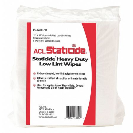 ACL STATICIDE Dry Wipe, White, Poly Wrapped 1/4 Fold, Hydro-entangled (HEF), 50 Wipes, 12 in x 13 in LF-50