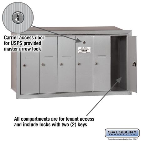 Salsbury Industries Vertical Mailbox, Aluminum, Powder Coated, 6 Doors, Recessed, - 3506ARU