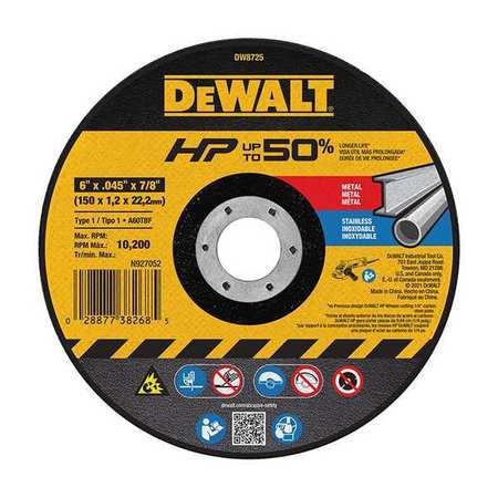 Dewalt Abrasive Cut-Off Wheel, Type 1, 6 in x 0.045 in x 7/8 in, Aluminum Oxide, 60 Grit, A60T DW8725
