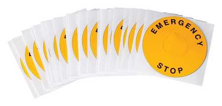 BRADY Emergency Stop Legend Plate Label, 22mm, Black on Yellow, THTEP-247-593YL THTEP-247-593YL