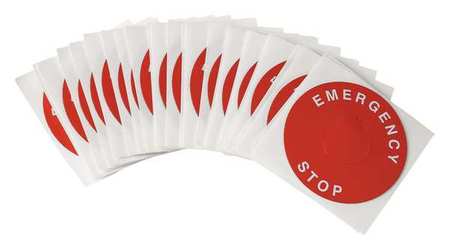 BRADY Emergency Stop Legend Plate Label, 22mm, White on Red, THTEP-247-593RD THTEP-247-593RD