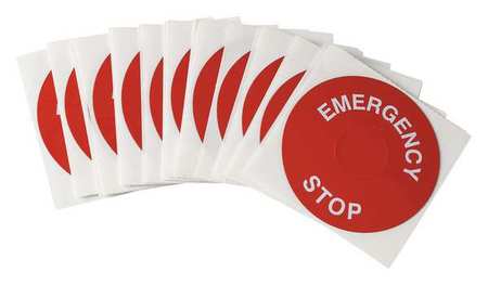 BRADY Emergency Stop Legend Plate Label, 30mm, White on Red, THTEP-197-593RD THTEP-197-593RD