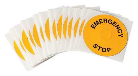 BRADY Emergency Stop Legend Plate Label, 22mm, Black on Yellow, THTEP-248-593YL THTEP-248-593YL