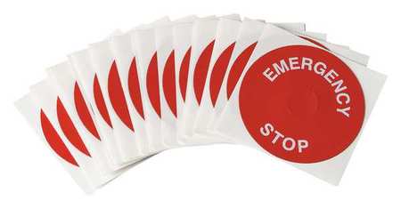 BRADY Emergency Stop Legend Plate Label, 22mm, White on Red, THTEP-248-593RD THTEP-248-593RD