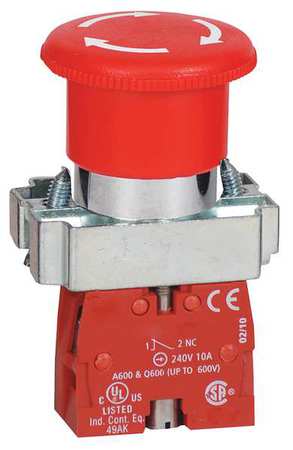 Dayton Emergency Stop Push Button, 22 mm, 1NC, Red 30G253