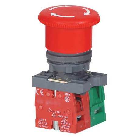 DAYTON Emergency Stop Push Button, 22 mm, 1NO/1NC, Red 30G254