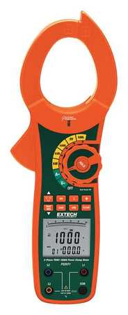 EXTECH Power Clamp Meter, Backlit LCD, 750 kW, 1,000 A, CAT IV 600V Safety Rating, 9V battery Power Source PQ2071-NIST