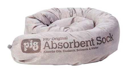 Pig Absorbent Sock, 6 gal, 3 in x 42 in, Universal, Gray, Polypropylene PIG237