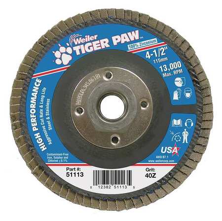 WEILER Flap Disc, Type 27, 4-1/2in. dia., 40 Grit 98811