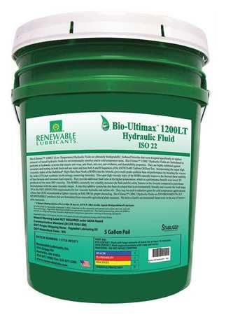 RENEWABLE LUBRICANTS 5 gal Pail, Hydraulic Oil, 22 ISO Viscosity, Not Specified SAE 81324