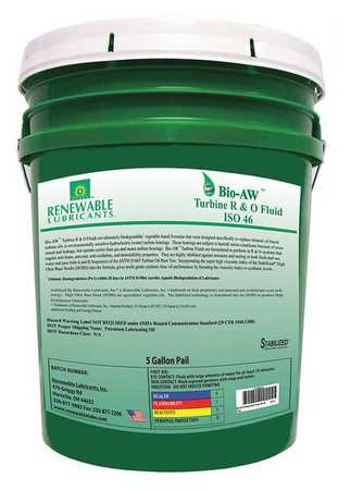 RENEWABLE LUBRICANTS 5 gal Pail, R&O Oil, 46 ISO Viscosity, Not Specified SAE 81714