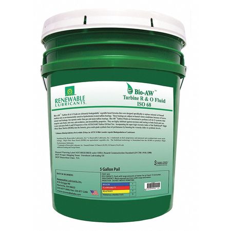 Renewable Lubricants 5 gal Pail, R&O Oil, 68 ISO Viscosity, Not Specified SAE 81724
