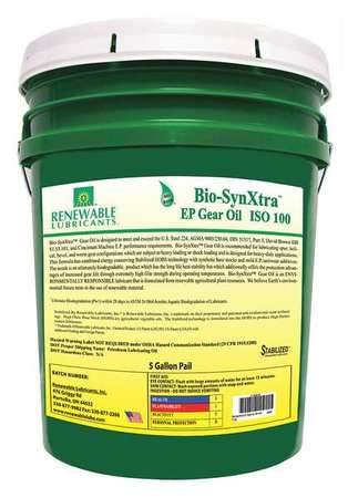 RENEWABLE LUBRICANTS 5 gal Bio-SynXtra Gear Oil Pail 100 ISO Viscosity, 80W90 SAE, Yellow 82424