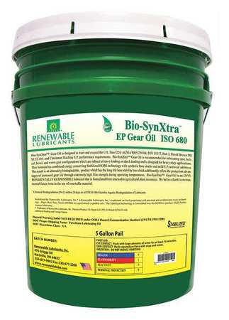 RENEWABLE LUBRICANTS 5 gal Bio-SynXtra Gear Oil Pail 680 ISO Viscosity, Not Specified SAE 82474