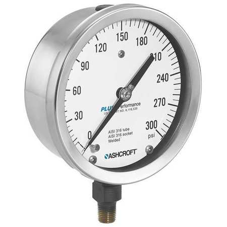 ASHCROFT Pressure Gauge, 0 to 30 psi, 1/4 in MNPT, Stainless Steel, Silver 1009S