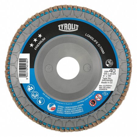 RADIAC ABRASIVES Flap Disc, T27N, 4.5"x5/8"-11, 40 Grit, PK5, Abrasive Material: Zirconia Alumina 34333928