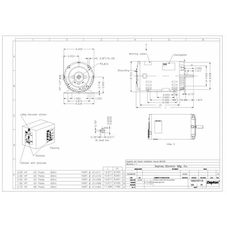 Dayton 3-Phase General Purpose Motor, 2 HP, 56HC Frame, 230/460V AC Voltage, 3,510 Nameplate RPM 31LH70