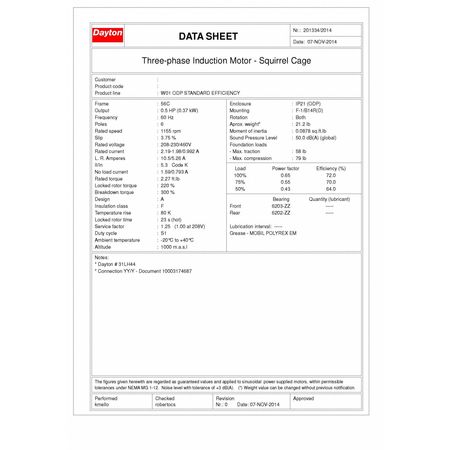 Dayton 3-Phase General Purpose Motor, 1/2 HP, 56C Frame, 230/460V AC Voltage, 1,155 Nameplate RPM 31LH44