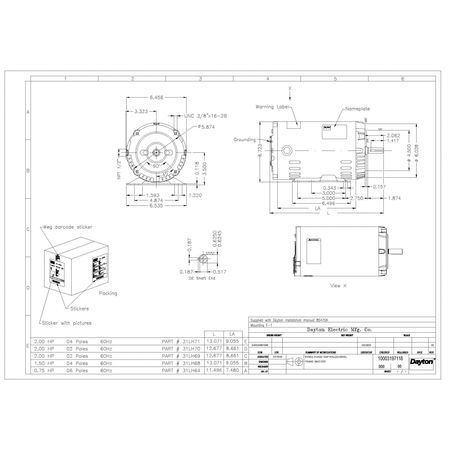 Dayton 3-Phase General Purpose Motor, 2 HP, 56HC Frame, 230/460V AC Voltage, 1,740 Nameplate RPM 31LH71