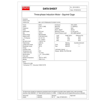 Dayton 3-Phase General Purpose Motor, 2 HP, 56HC Frame, 230/460V AC Voltage, 3,510 Nameplate RPM 31LH69