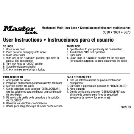 MASTER LOCK Instruction Magnet, English/Spanish, PK10 3633LES
