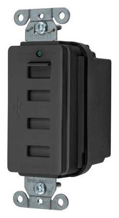 Hubbell Wiring Device-Kellems USB Charger Receptacle, 20 Amps, 125VAC, Flush Mount, USB Only Outlet, Non-NEMA, Black USB4BK