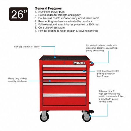 Westward WESTWARD Rolling Tool Cabinet, 5-Drawers, Powder Coated Red, 27" W x 18" D x 33" H 32H894