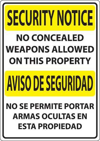 ZING Concealed Carry Sign, 14 in Height, 10 in Width, Plastic, Vertical Rectangle, English, Spanish 2829S