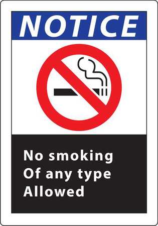 ZING No Smoking Sign, 7" H, 5 in W, Plastic, Rectangle, English, 1832S 1832S