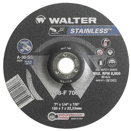 WALTER SURFACE TECHNOLOGIES Depressed Center Grinding Wheel, Type 27, 0.25 in Thick, Aluminum Oxide 08F905