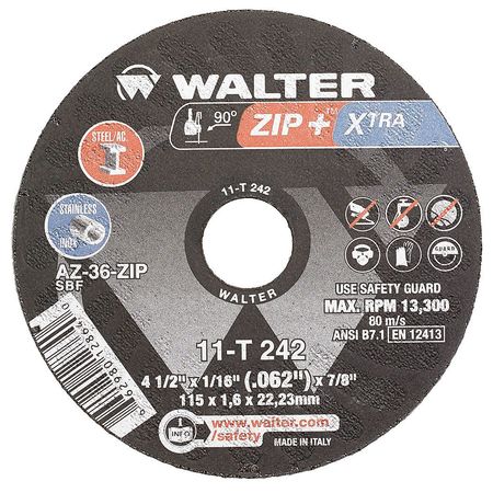 WALTER SURFACE TECHNOLOGIES Cut-Off Wheel, T1, 4-1/2x1/16x7/8 11T242