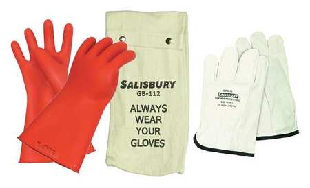 Salisbury Electrical Rubber Glove Kit, Leather Protectors, Glove Bag, Red, 11 in, Class 0, Size 8 1/2, 1 Pair GK011R/8H