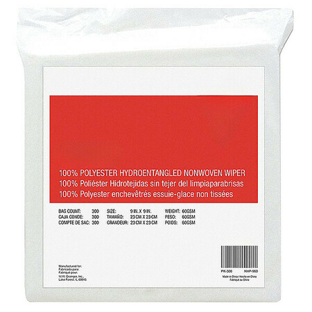 Tough Guy Dry Wipe, White, Pack, Hydro-entangled (HEF), 300 Wipes, 9 in x 9 in, Unscented 32XE74