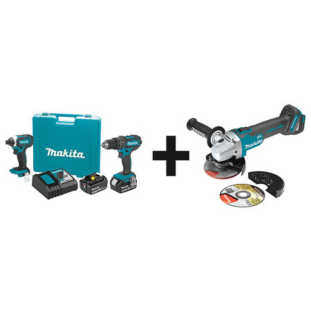 MAKITA Cordless Combination Kit, 3 Tools, 18V DC XT261M + XAG04Z