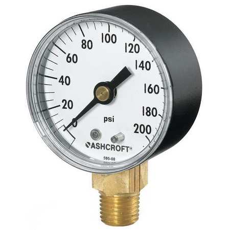 ASHCROFT Pressure Gauge, 0 to 15 psi, 1/4 in MNPT, Plastic, Black 35W1005PH02L15#