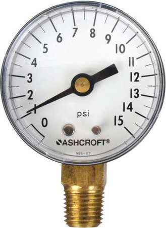 ASHCROFT Pressure Gauge, 0 to 15 psi, 1/4 in MNPT, Plastic, Black 20W1005PH02L15#